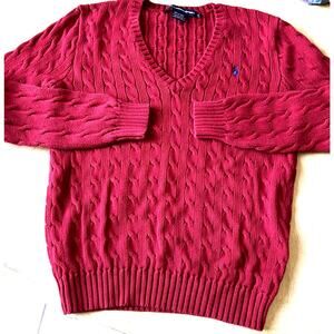 VTG Ralph Lauren Sport Womens XL Cable Knit Sweater RED Preppy Retro Tennis Y2K